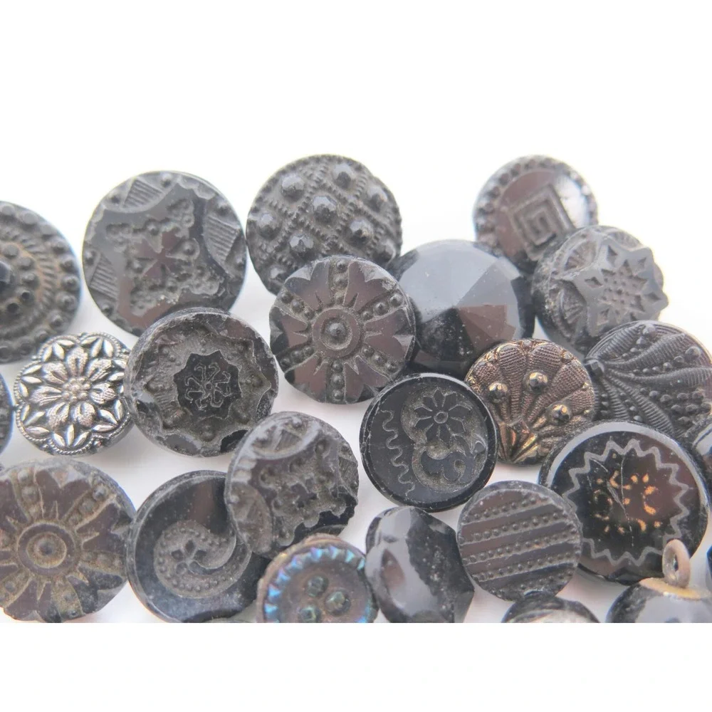 Antique Stunning Carved Molded Black Glass Buttons Lot*Flowers*Highly Detailed‎
